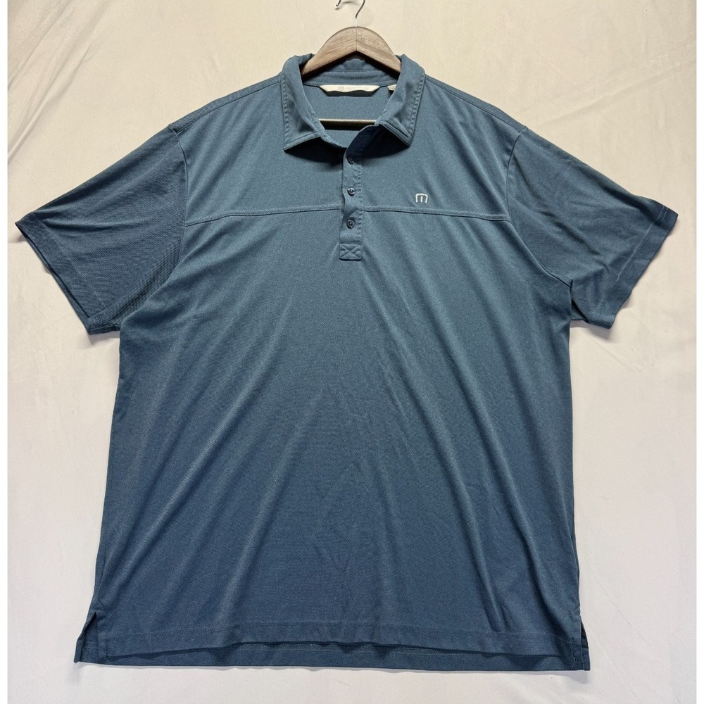 Travis Mathew Polo Shirt Men 2XL Blue Textured Performance Side Slit Golf Tennis